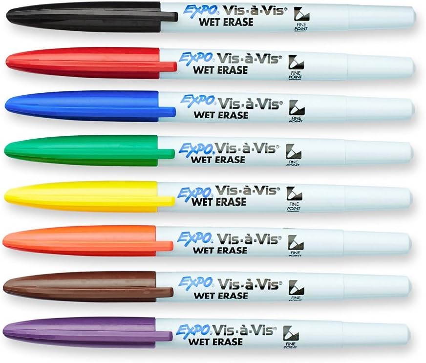 EXPO Vis-A-Vis Wet-Erase qMtXj Overhead Transparency Markers, Fine Point, Assorted Colors, 8 Count (2 Pack)