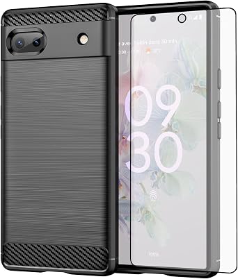 Asuwish Phone Case for Google Pixel 6A 5G 2022 with Tempered Glass Screen Protector Cover and Slim Thin Soft TPU Mobile Film Rugged Cell Accessories Protective Pixel6A Women Men Carbon Fiber Black