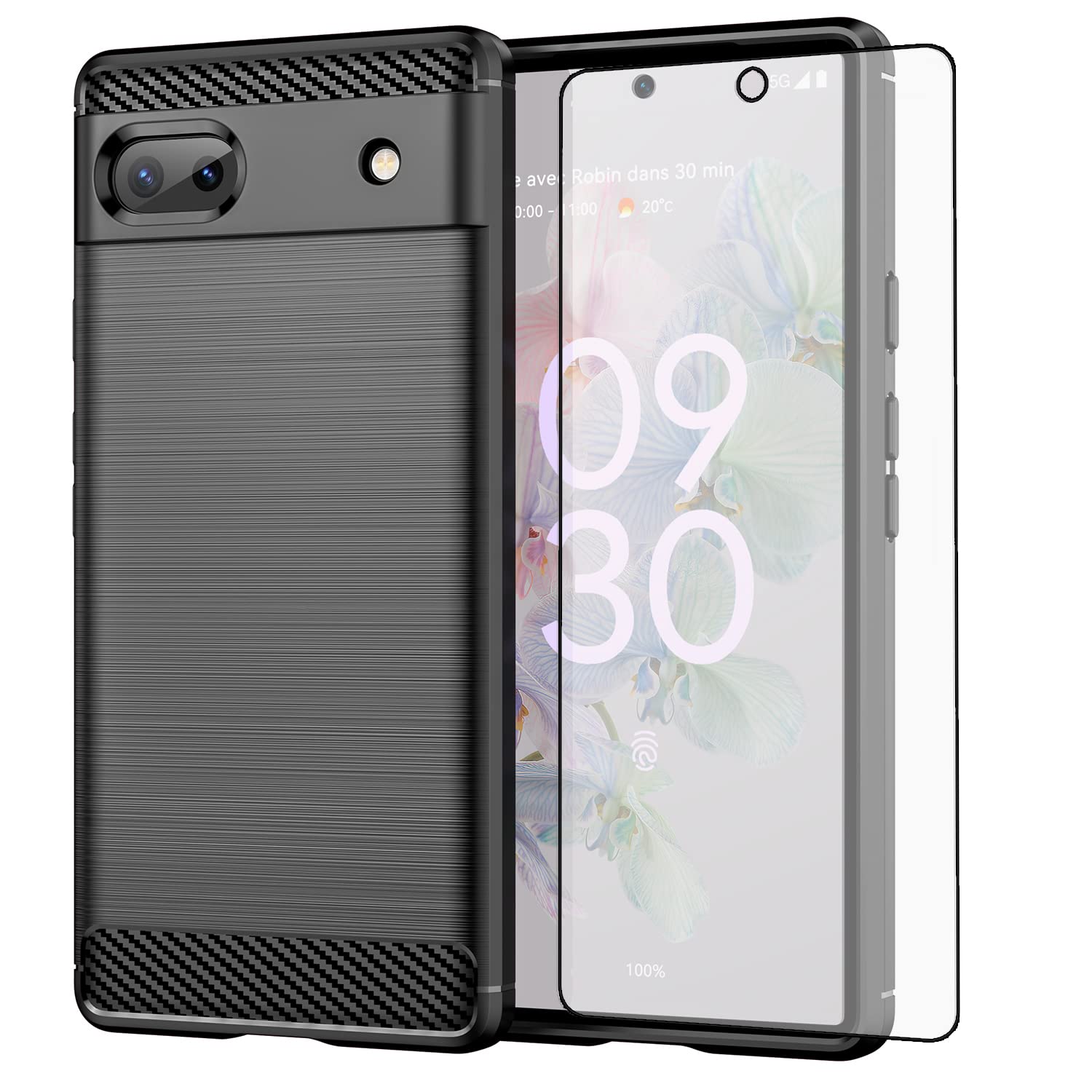 Asuwish Phone Case for Google Pixel 6A 5G 2022 with Tempered Glass Screen Protector Cover and Slim Thin Soft TPU Mobile Film Rugged Cell Accessories Protective Pixel6A Women Men Carbon Fiber Black