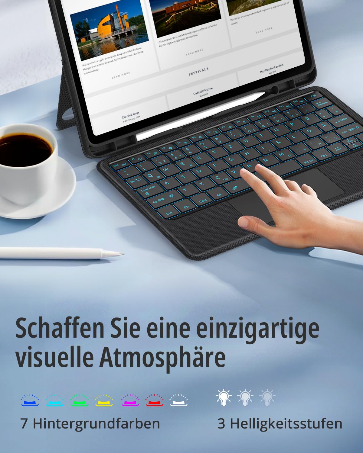 CACOE Hülle mit Tastatur für Samsung Galaxy S11 2025 11 Zoll (SM-X730/X736B) mit Touchpad, 7-Farbige Beleuchtung Abnehmbare Kabellose Ultraleichte Tastatur, Schwarz