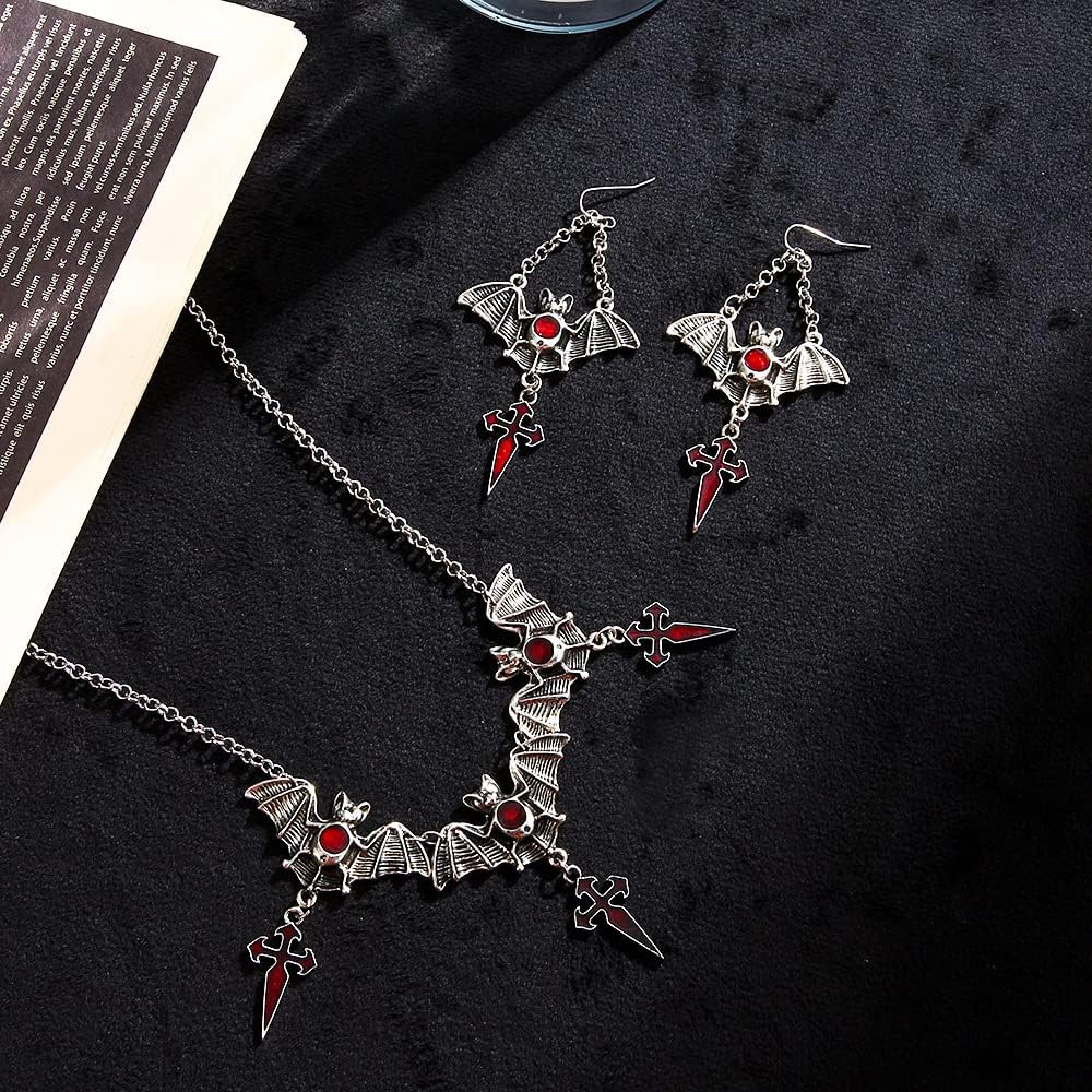 Halloween Bat Wing Red Crystal Spike Cross Necklace Earrings Jewelry Set For Women Gothic Punk Statement Vintage Costume Party Adjustable Silver Color - Image 2