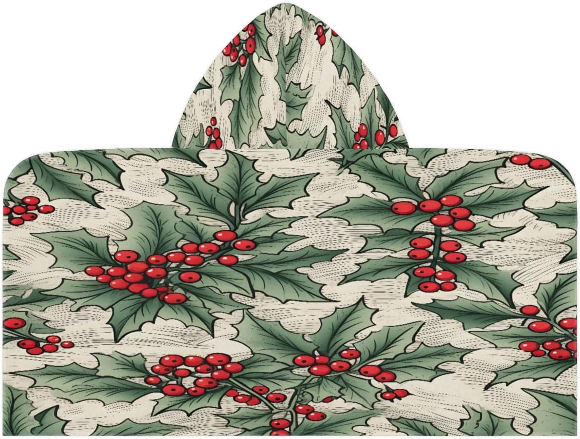 Pardick Kid Bath Towels Christmas Berry Leaf Kids Towel with Hood for Girls Boys Beach Towel Pool Cover Up Soft Absorbent Toddler Hooded Bath Towel for Shower, Beach