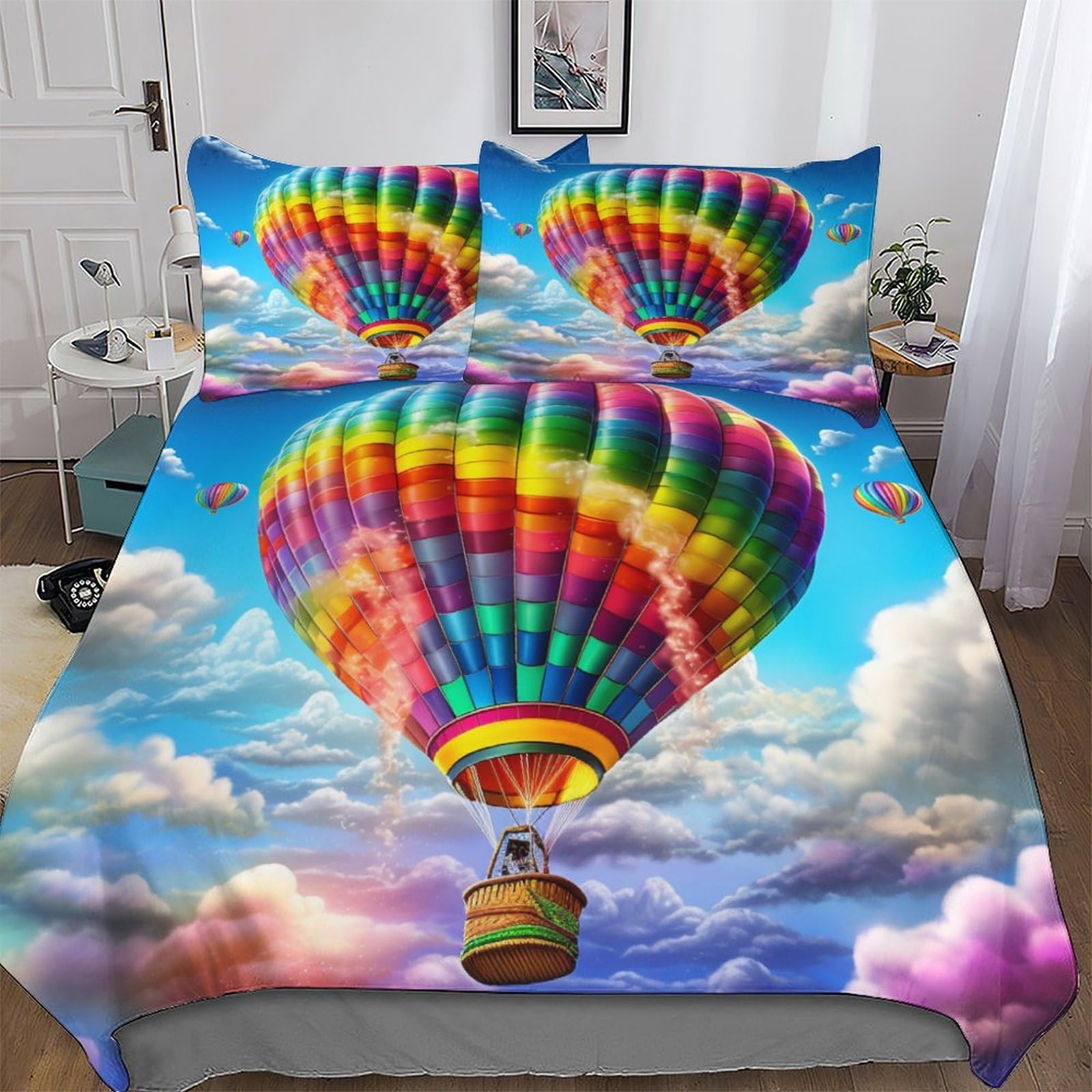 Parure de lit montgolfière King 220x240cm avec housse de couette microfibre et taies
