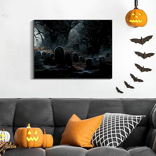 Miniatura 82 de Denozer Lienzo decorativo para pared de Halloween, castillo de terror de 32 x 24 pulgadas, decoración de pared de luna, decoración de otoño de Obra