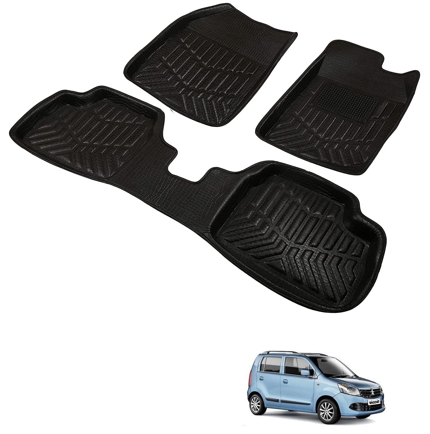 Car 3D Plastic Foot Mats for Front and Rear Compatible with Maruti Suzuki Wagonr Type-2 (2011-2018) | Set of 3 Pcs Car Floor Mats, Premium Car Accessories, Tray Shape 3D Foot Mats, Black-image-43