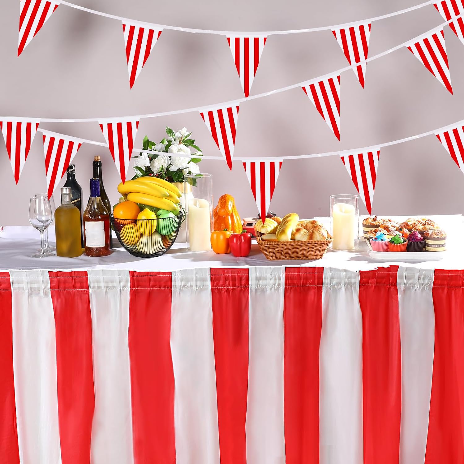 Tegeme 25 Pack Carnival Table Skirt Red and White Striped Table Skirts 165 x 30 Inches Disposable Carnival Tablecloth Decorations with Red and White Striped Pennant, Circus Theme Party Supplies