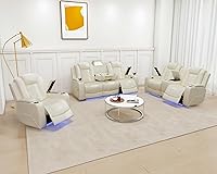 Vista 8 de Juego de sofá reclinable eléctrico con LED, juego de sofá reclinable de cuero, juego de muebles de sala con carga USB