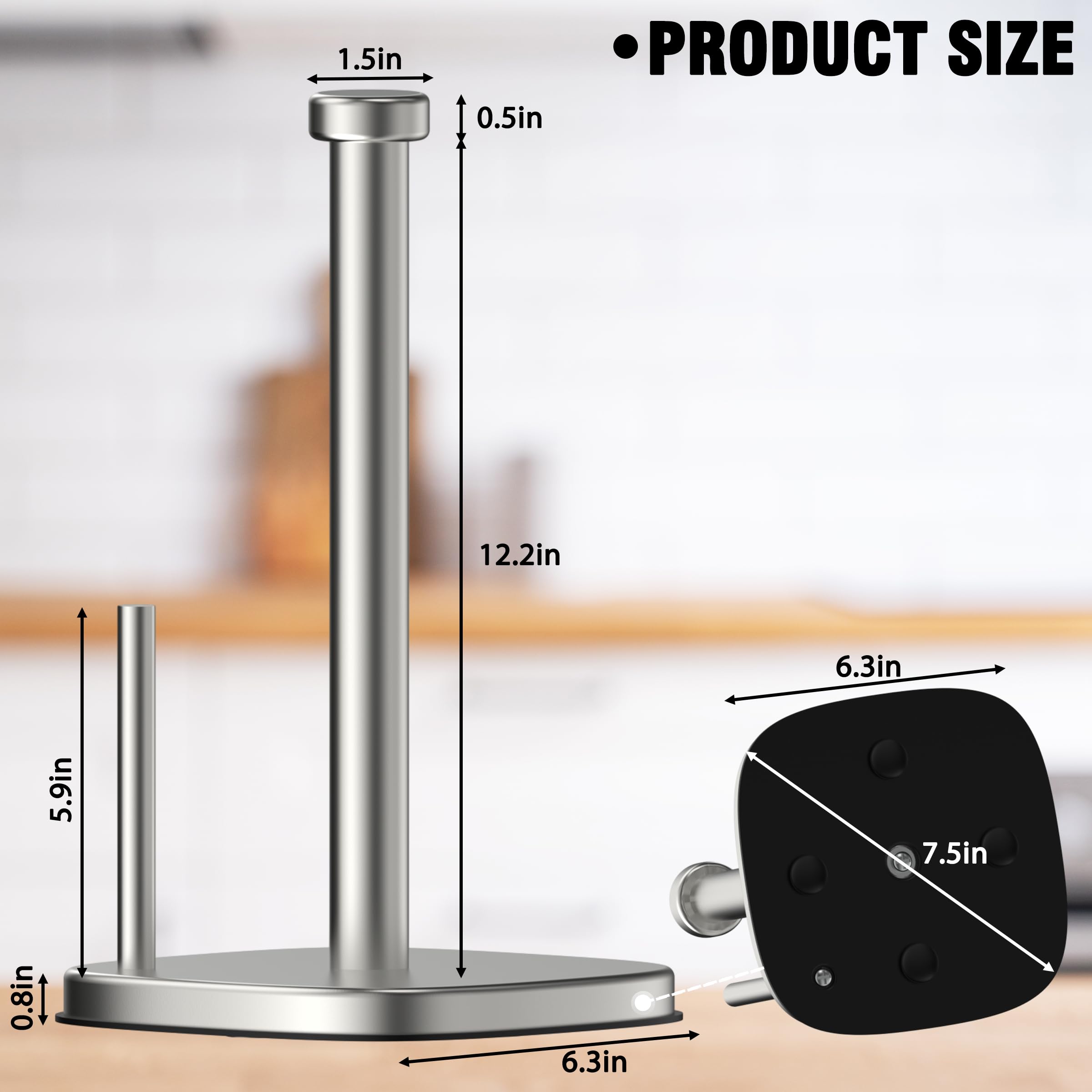 Soporte para toallas de papel, soporte de rollo de papel de pie para cocina y baño, soporte con ventosas de base pesada, operación con una sola mano de acero inoxidable (níquel cepillado) 5