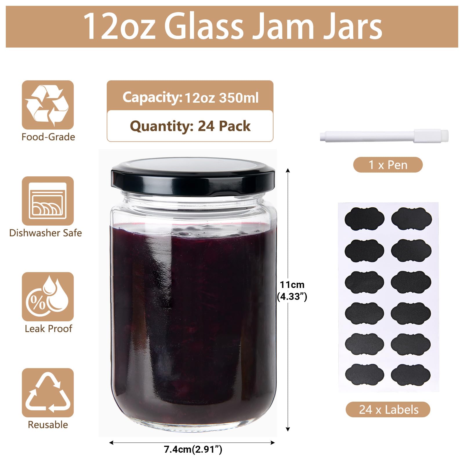 YBCPACK Marmeladengläser aus Glas mit Deckel, 350 ml, klare Chutney-Gläser, 340 ml, Einmachgläser für Gelee, Gurken, Honig, 24 Stück