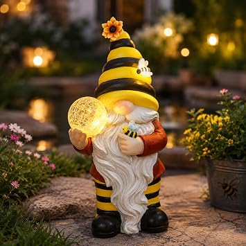 Solar Garden Gnome Statue, Bee Gnome Figurine with Crackled Glass Globe