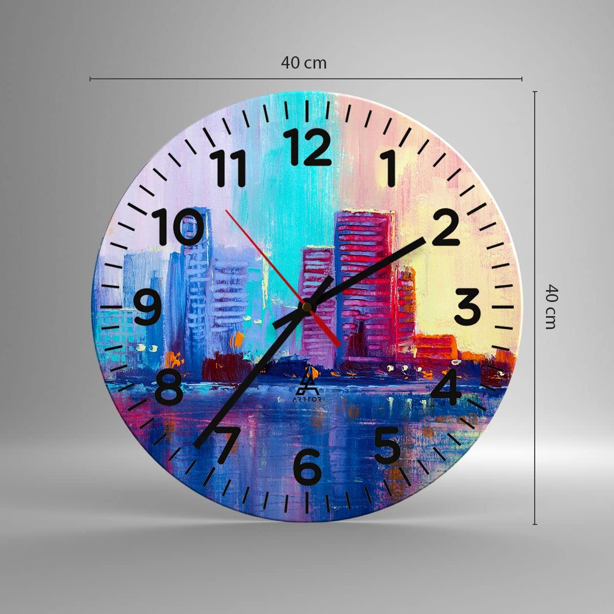 ARTTOR Zegar ścienny na szkle 40x40 cm Nowoczesny miasto dom ulica Cichy zegar na ścianę Sypialnia Kuchnia Deko Dekoracja ścienna Salon Wall Clock Dekor Duży C4AR40x40-4023