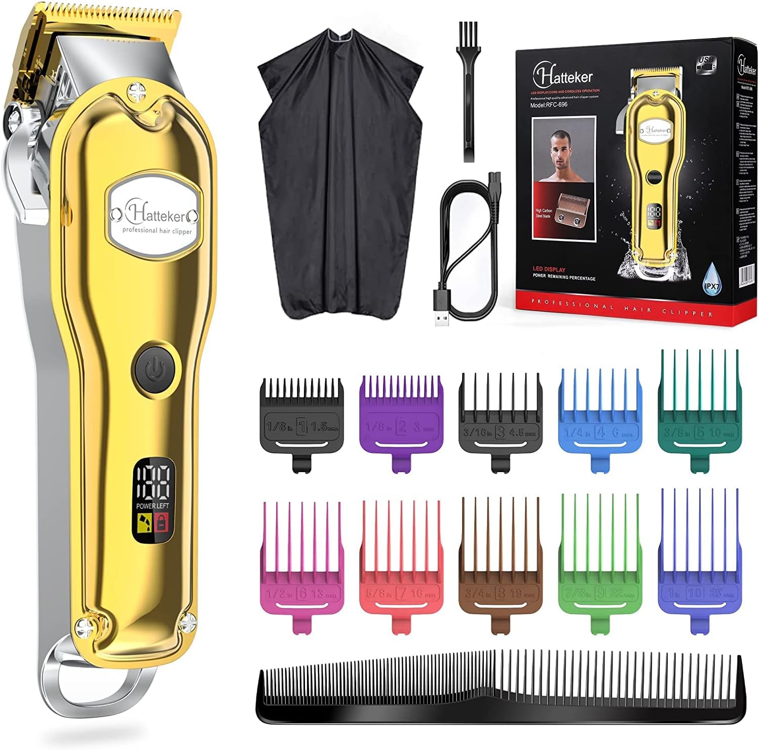 Hatteker Mens Hair Clipper Beard Trimmer Hair Trimmer for Men Cordless Clippers Professional Barbers Grooming Kit IPX7 Waterproof, Rechargeable, Colorful Combs, Gold