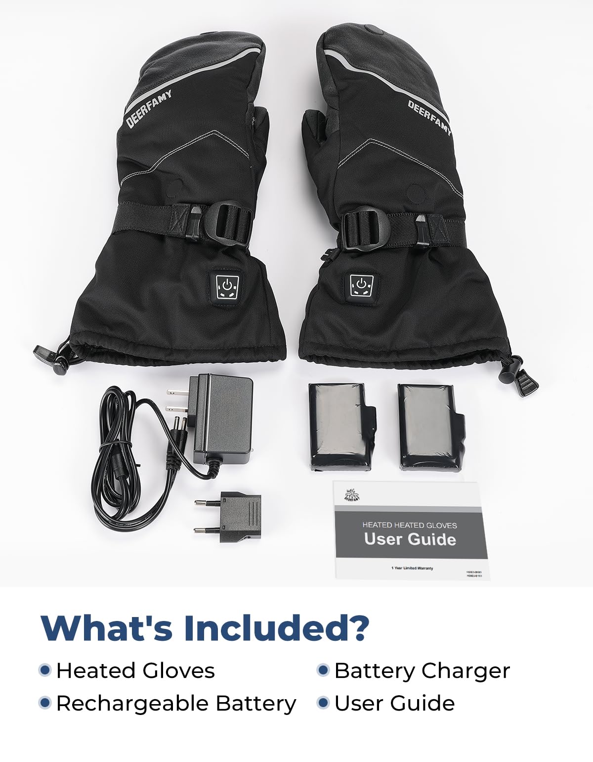 DEERFAMY Heated Ice Fishing Gloves for Men Women, Rechargeable Electric Battery 7.4V 2500mah, Waterproof Hand Warmer with Flip Cover Design, Heating Gloves for Winter, Skiing, Cycling, L, Black