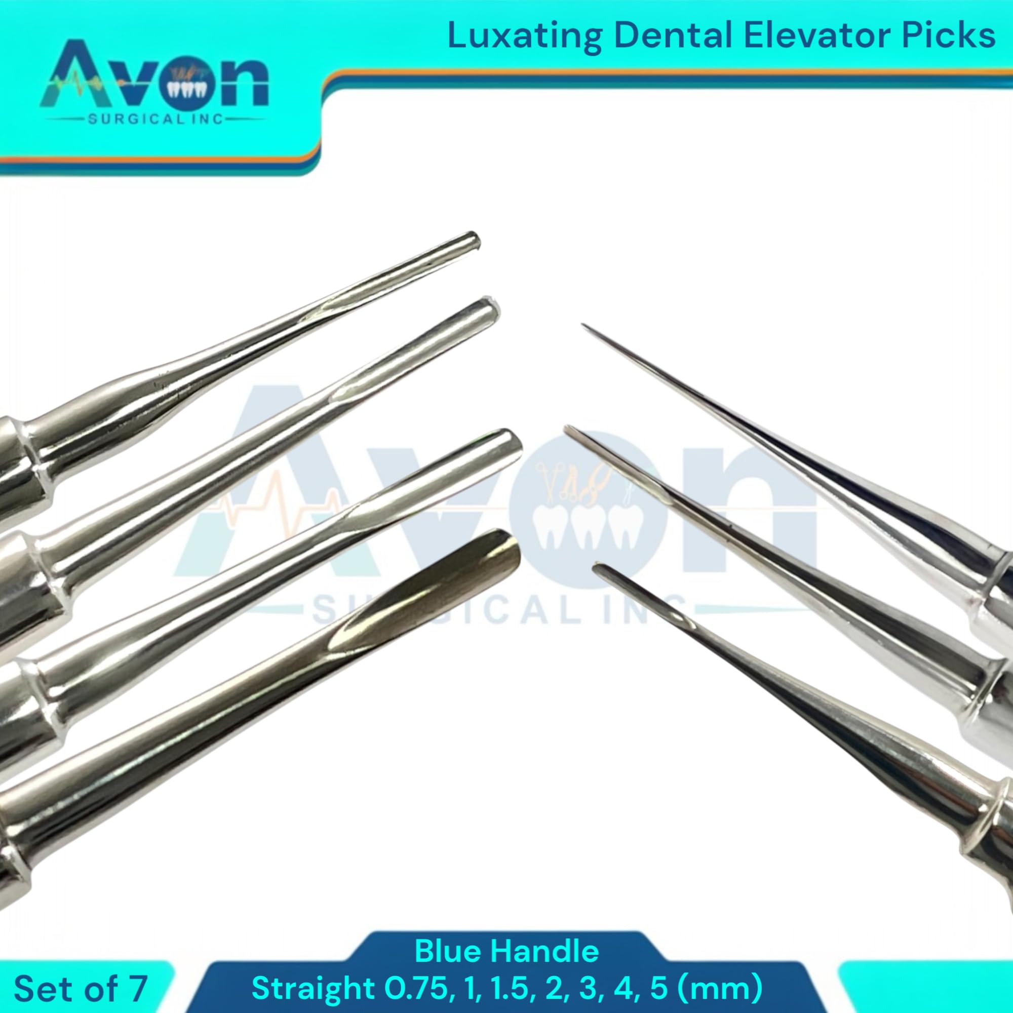 Lot of 7 Units - Apical Root Luxating Tooth Extraction Elevators with Straight Tip Sizes 0.75mm, 1mm, 1.5mm, 2mm, 3mm, 4mm, 5mm | Blue Hollow Handle German Stainless Steel