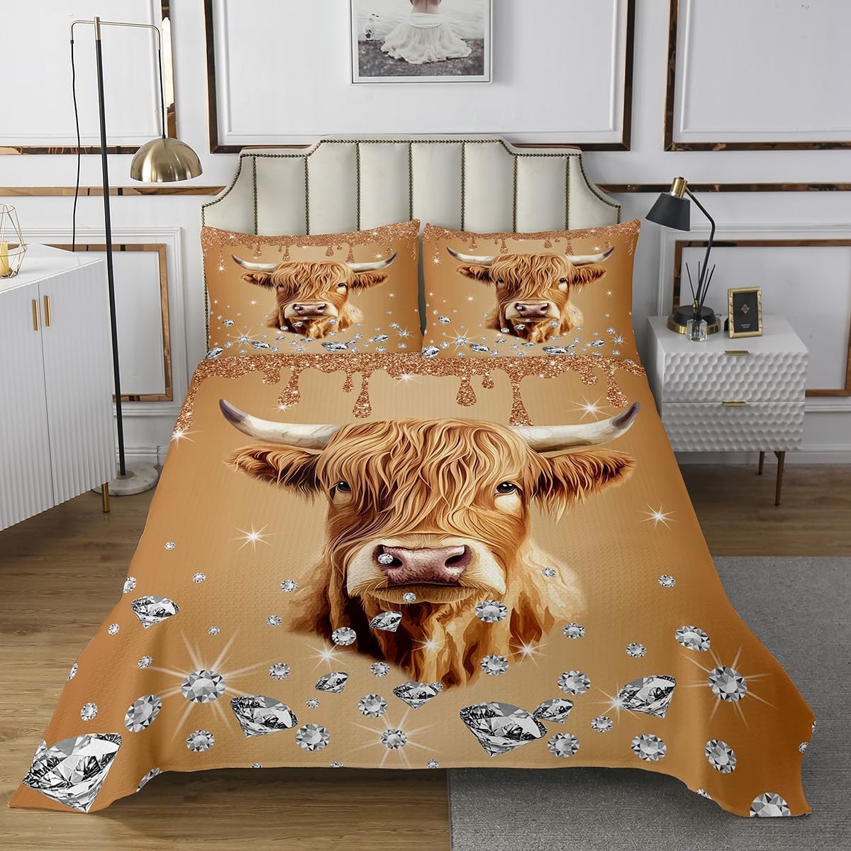 Jungle Wildlife Animals Bedspread King,Diamond Sequin Fluid Art Quilted Coverlet 3pcs for Adults Teens Room Decor,Squirrel Soft Breathable Bedding Quilt