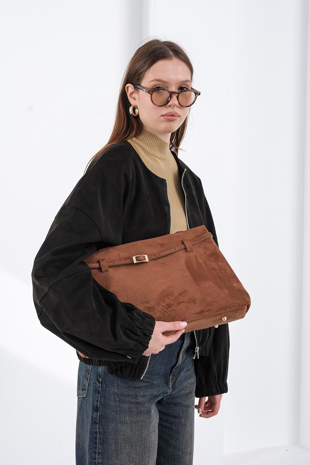 Base’ic Women’s Suede Tote Bag with Gold Hardware – Trendy Slouchy Shoulder Hobo Satchel Handbag Work Purse Travel Gift - Image 3