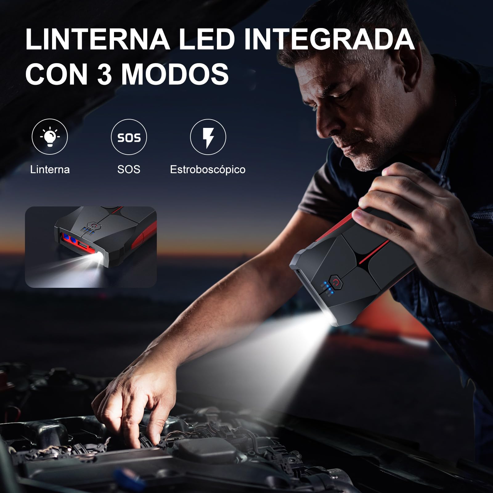 FLYLINKTECH Arrancador de Coches, 4000A 13200mAh Arrancador de Baterias de Coche (hasta 9.0L Gas o 8.5L Diesel), 3 Modos Linterna LED, Puerto USB