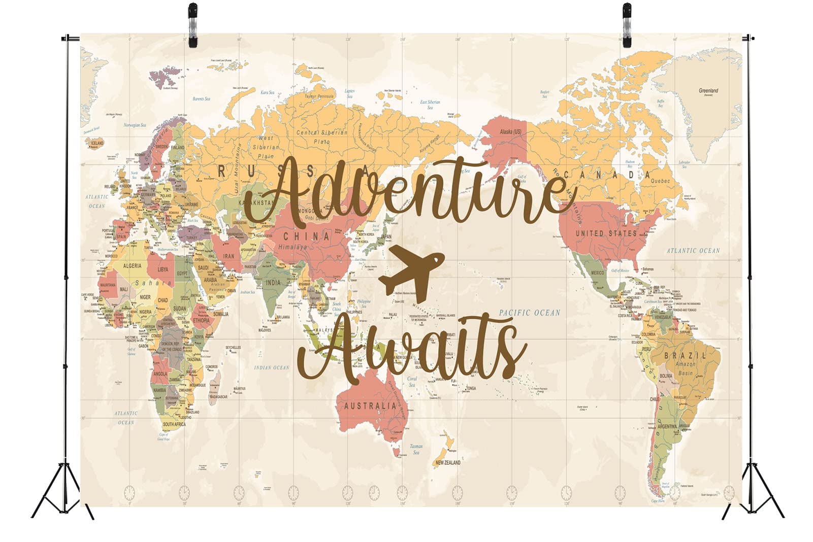 BELECO 6x3m Fondo de Tela, Mapa del Mundo Retro con Aviones, Tema de Viaje y Aventura, Cartel Decorativo para cumpleaños y Baby Shower
