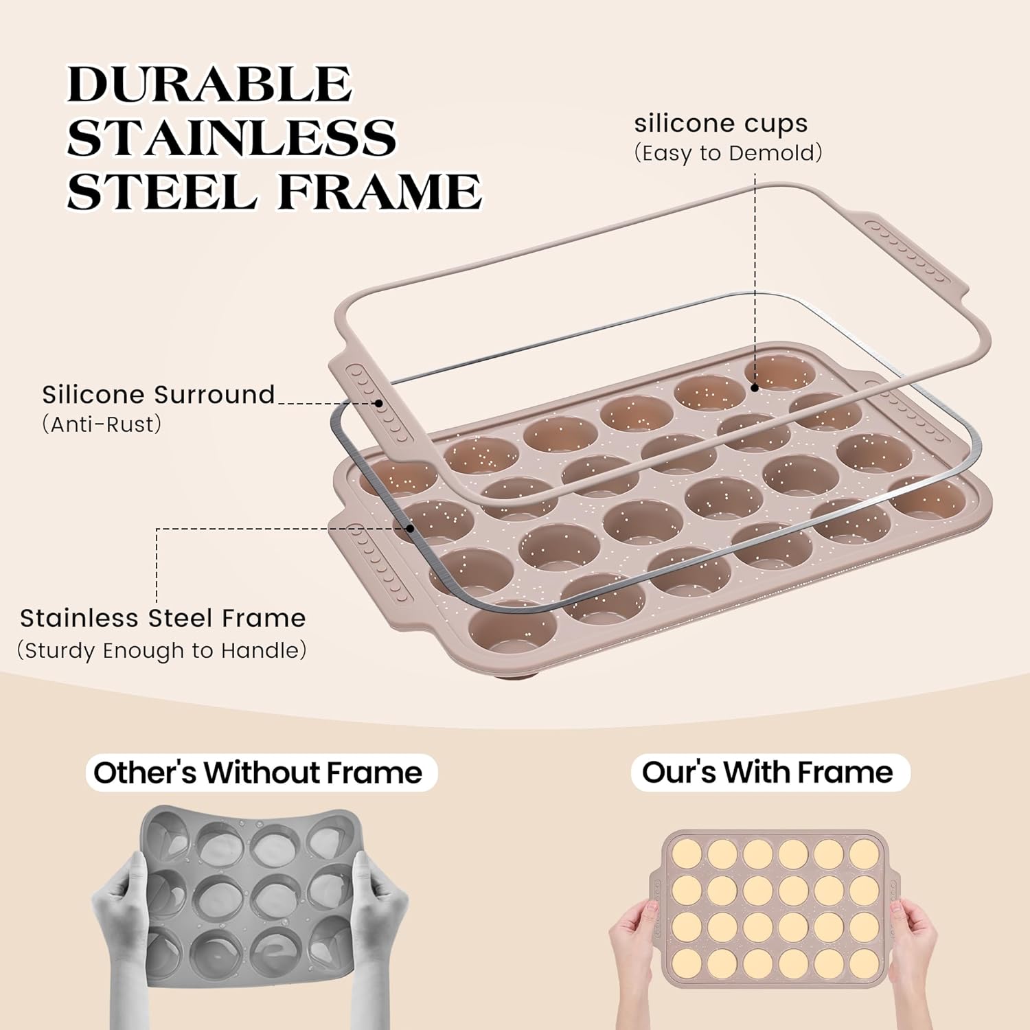 2 Pcs Silicone Muffin Pans for Baking with Metal Reinforced Frame, Nonstick Cupcake Tray for Oven, 24 Cups Mini Size Silicone Molds for Egg Bites, Dishwasher Safe (Brown, Cream) - Image 2