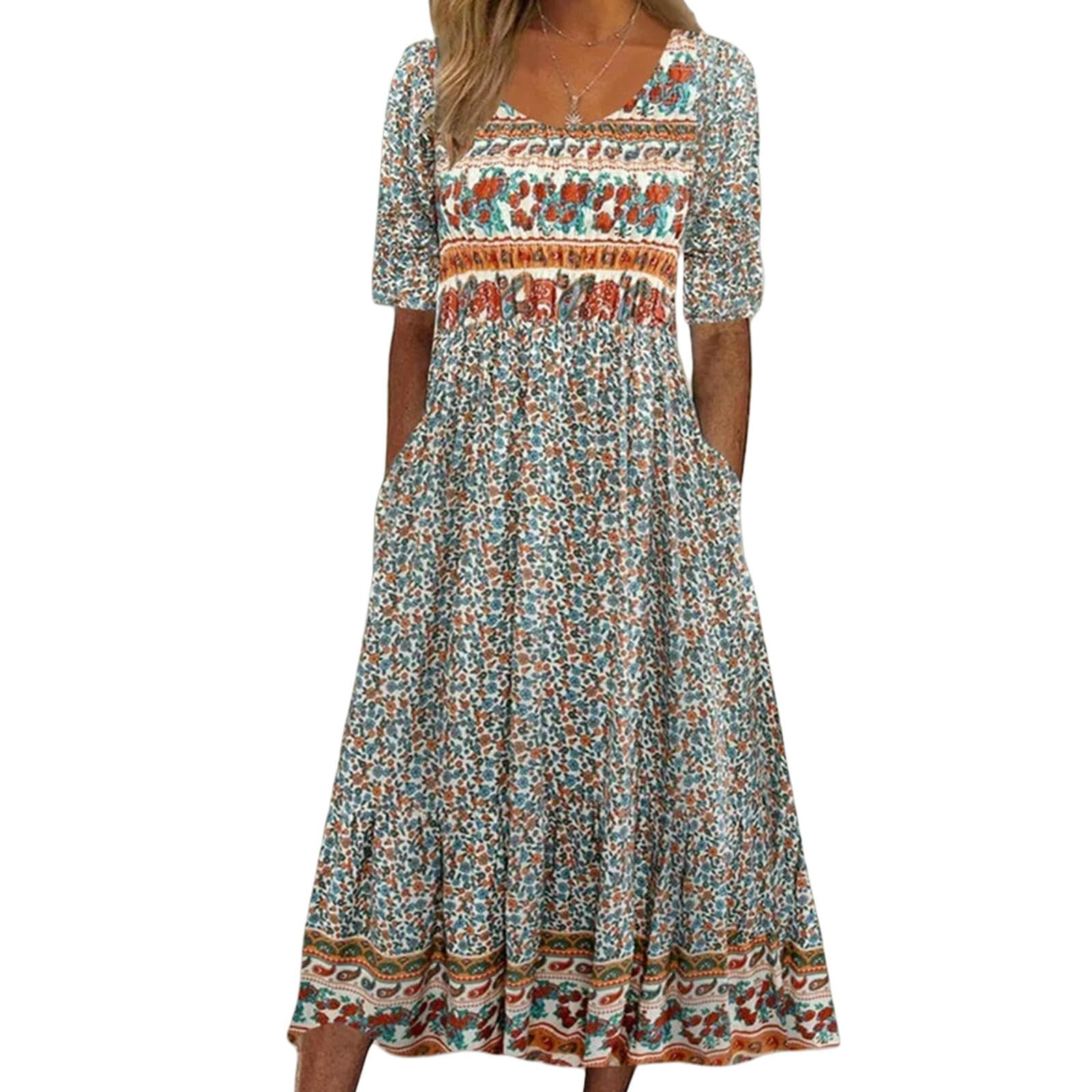 Abiti da Donna Abito Lungo A Manica Corta da Donna Rotonda da Donna con Abito Stampato-c-XL