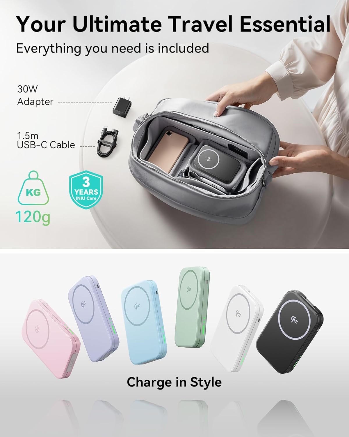 INIU Link Cable 16ft with Charging Port, VR Cable for Meta Oculus & 3 in 1 Wireless Charging Station, Qi2 Certified 15W for Apple Multiple Devices Combo