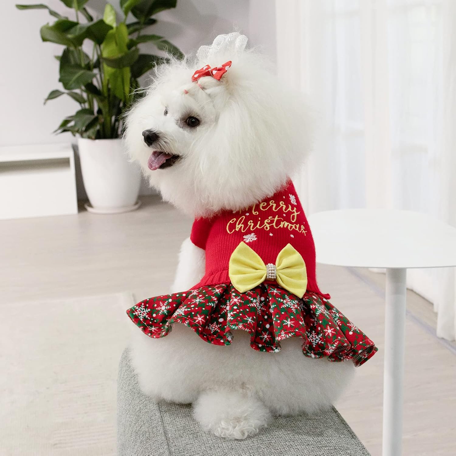 CuteBone Christmas Dog Sweater Dress Turtleneck Puppy Sweater with Bowtie Harness Hole Pullover Winter Dress for Small Dogs