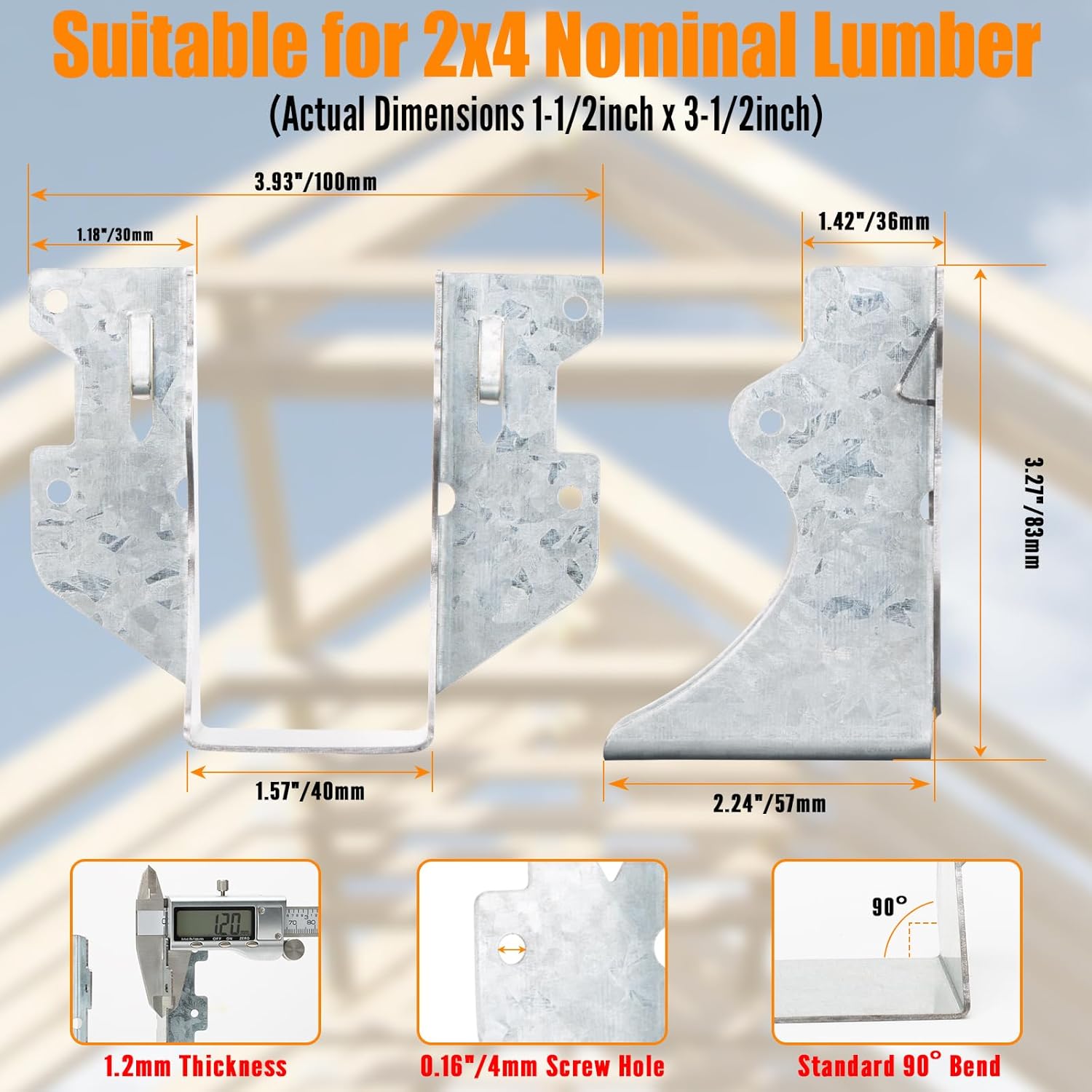 12 Pack 2x4 Joist Hanger 18-Gauge Steel Galvanized Face Mount Rafter Brackets, Fits Truss Connectors, Hurricane Ties for Wood Floor Deck, Ceiling Joists