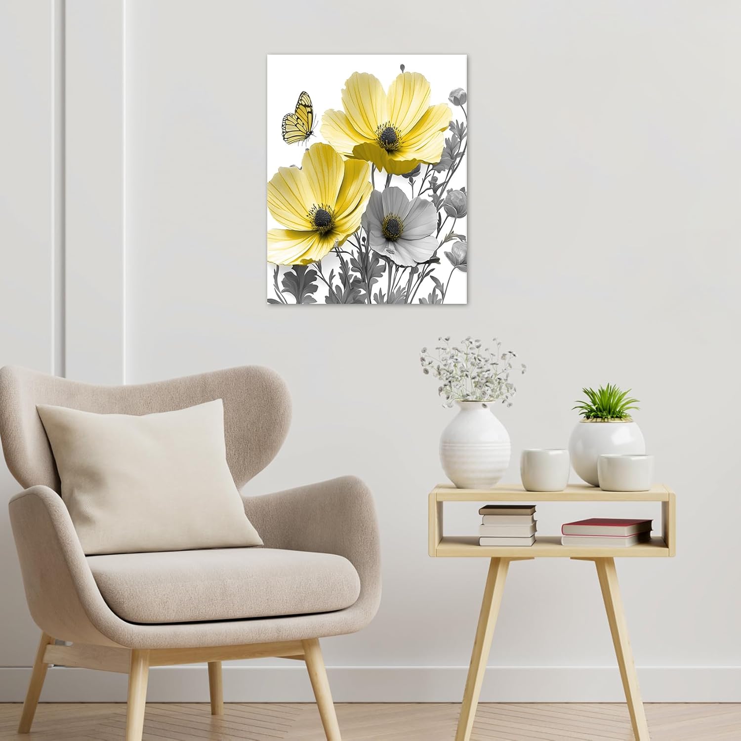 LB Yellow Daisy Floral Wall Art for Bathroom Garden Flower with Gray Leaf Canvas Wall Art Wall Paintings Home Decor Butterfly Wall Pictures for Living Room Bedroom Office Ready To Hang,16x20 Inch