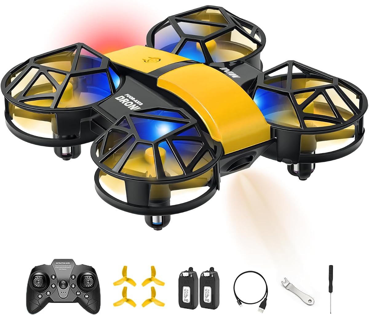 Yellow Mini Drone for Kids, Indoor & Outdoor RC Quadcopter, Full Propeller Guards, LED Light, 3D Flips, One Key Start, Headless Mode, 2 Rechargeable Batteries, 21 Mins Total Flight Time, Toy Gift for Boys and Girls