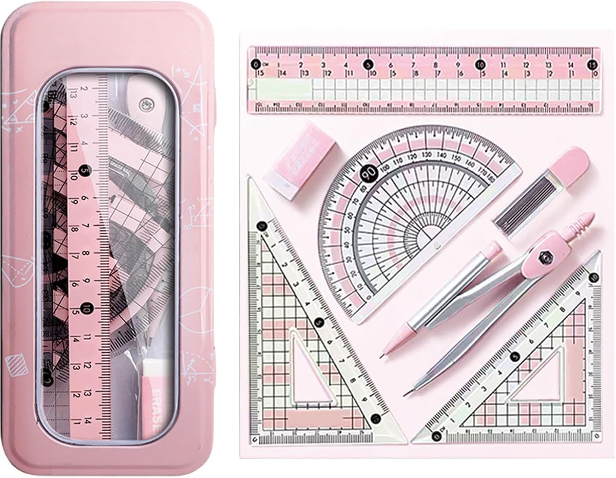 8 Pcs Pink Geometry Set Cute Compass Set with Maths Protractor Rulers, Math Set for Drawing Measuring Tools, Kawaii Ruler Kit for Class Women Girls School Supplies (Pink)