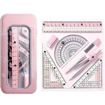 8 Pcs Pink Geometry Set Cute Compass Set with Maths Protractor Rulers, Math Set for Drawing Measuring Tools, Kawaii Ruler Kit for Class Women Girls School Supplies Pink