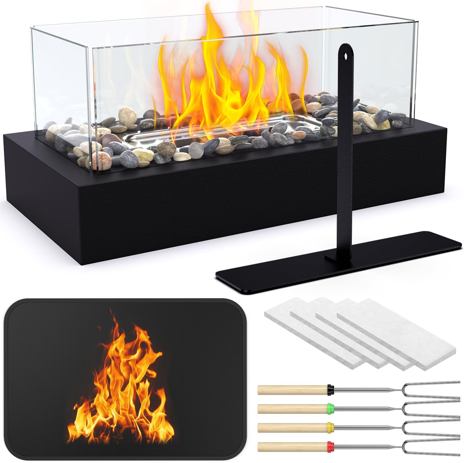 Tabletop Fire Pit with Smores Maker Kit Small Table Fireplace with Fireproof Mat/Cobblestone Table Top Decoration Home Patio Gift for Women Mom Wedding Housewarming Christmas Birthday Gift