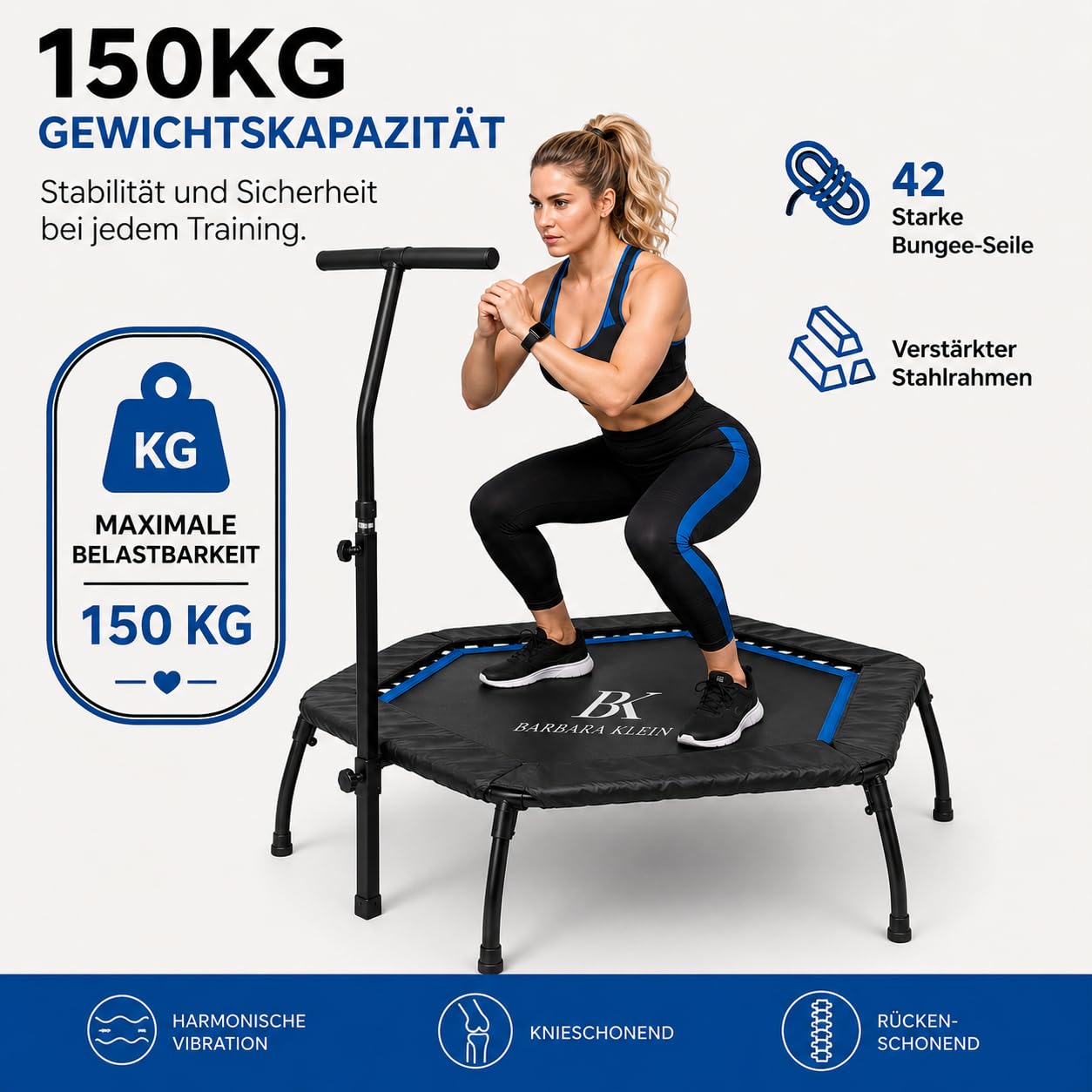 BK Barbara Klein Fitness Trampolin 133 cm mit Haltestange, 42 Gummiseile, Hexagon Rebounder, 100 kg Belastbar, Höhenverstellbar Indoor Heimtraining
