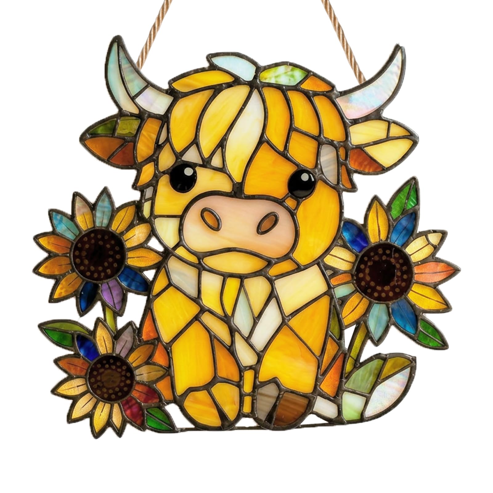 Highland Cow Suncatchers for Windows, Stained Glass Sun Catchers for Windows, Acrylic Cow Sun Catchers with Sunflower, 2D Flat Window Hanging Decor for Home, Garden, Patio & Fence Decor