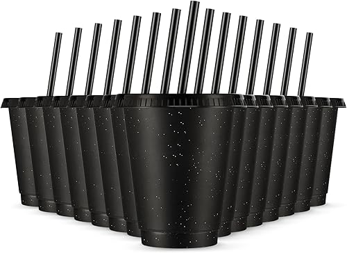 Rtteri 15 vasos reutilizables con popotes y tapas, vasos de plástico con purpurina de 16 onzas, vasos de plástico para recuerdos de fiesta con