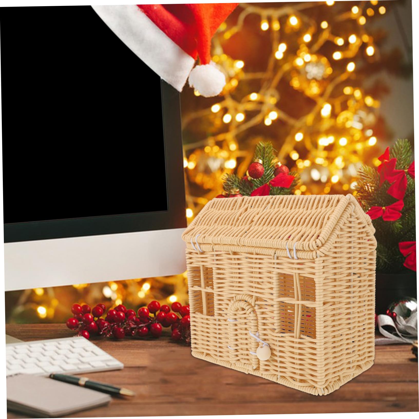 ABOOFAN Cesta Tejida con Asa de Casa Pequeña Cesta de Dulces Navideña Decorativa para Regalos de Fiesta de Shower Bodas y Celebraciones Navideñas