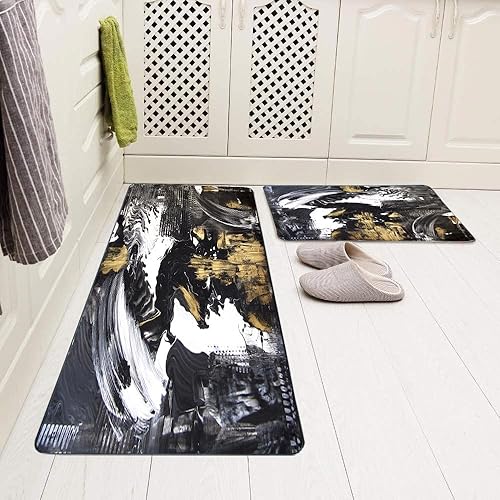 Vista 20 de TOMWISH - Tapetes de cocina para piso, color turquesa, gris, abstracto, pintura artística, 17 x 48 + 17 x 24 pulgadas, juego de alfombras de cocina