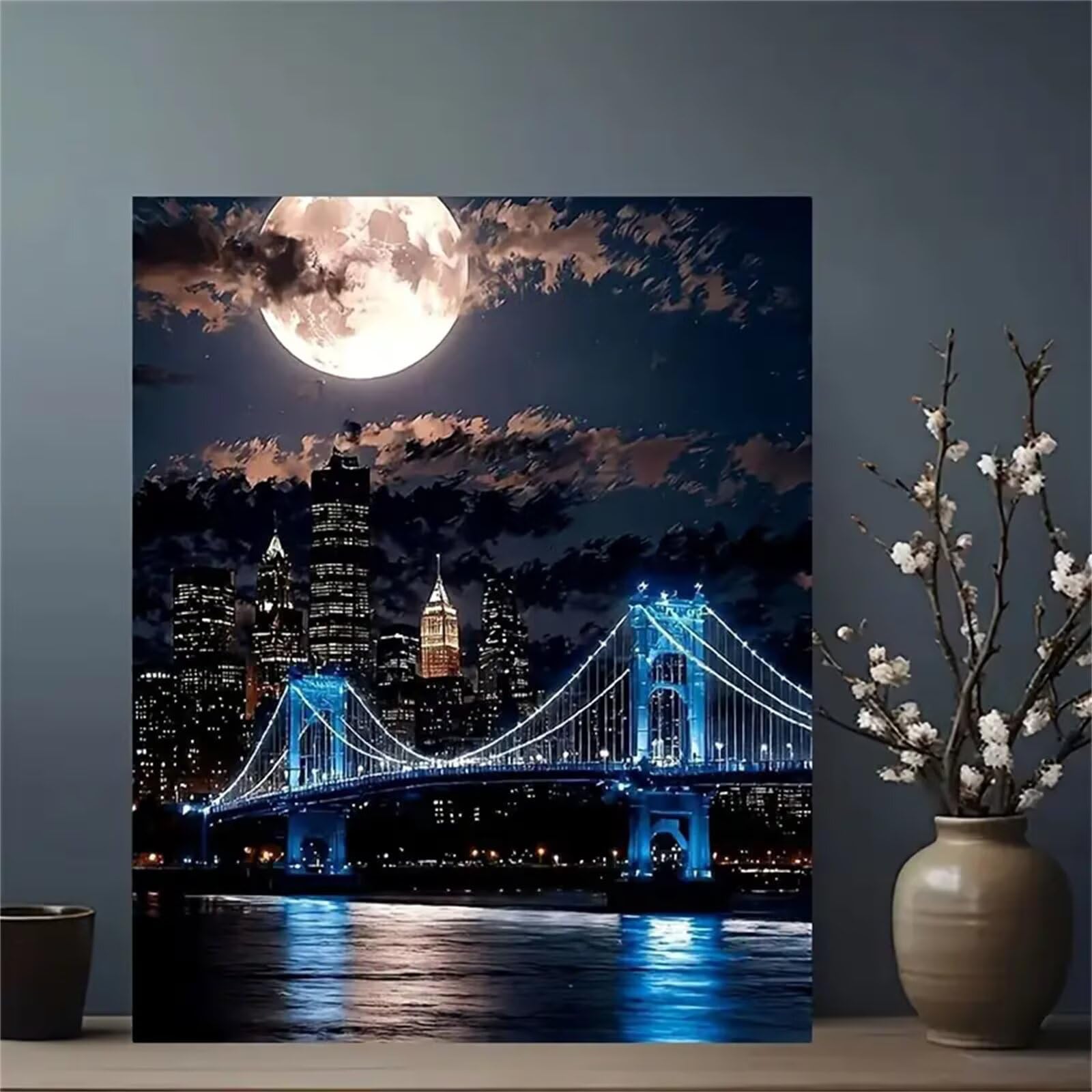 Puente de la Ciudad de la Luz de la Luna Pintar por Numeros con marco DIY Cuadro Con Números Kit de Pintura al óLeo para Adultos de Lienzo Paint by numbers Kits Manualidades para Hogar Decor 50x65 cm