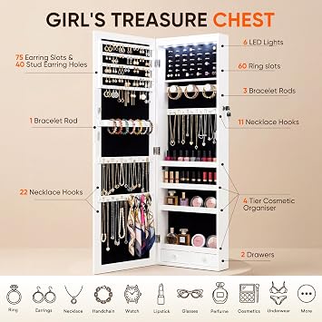 Antok 6 LEDs Jewelry Cabinet with Lock, 48 Full Length Mirror Wall Mounted or Over The Door Jewelry Organizer, Large Capacity Storage for Bedroom&Cloakroom&Entryway, Gift for Women, White