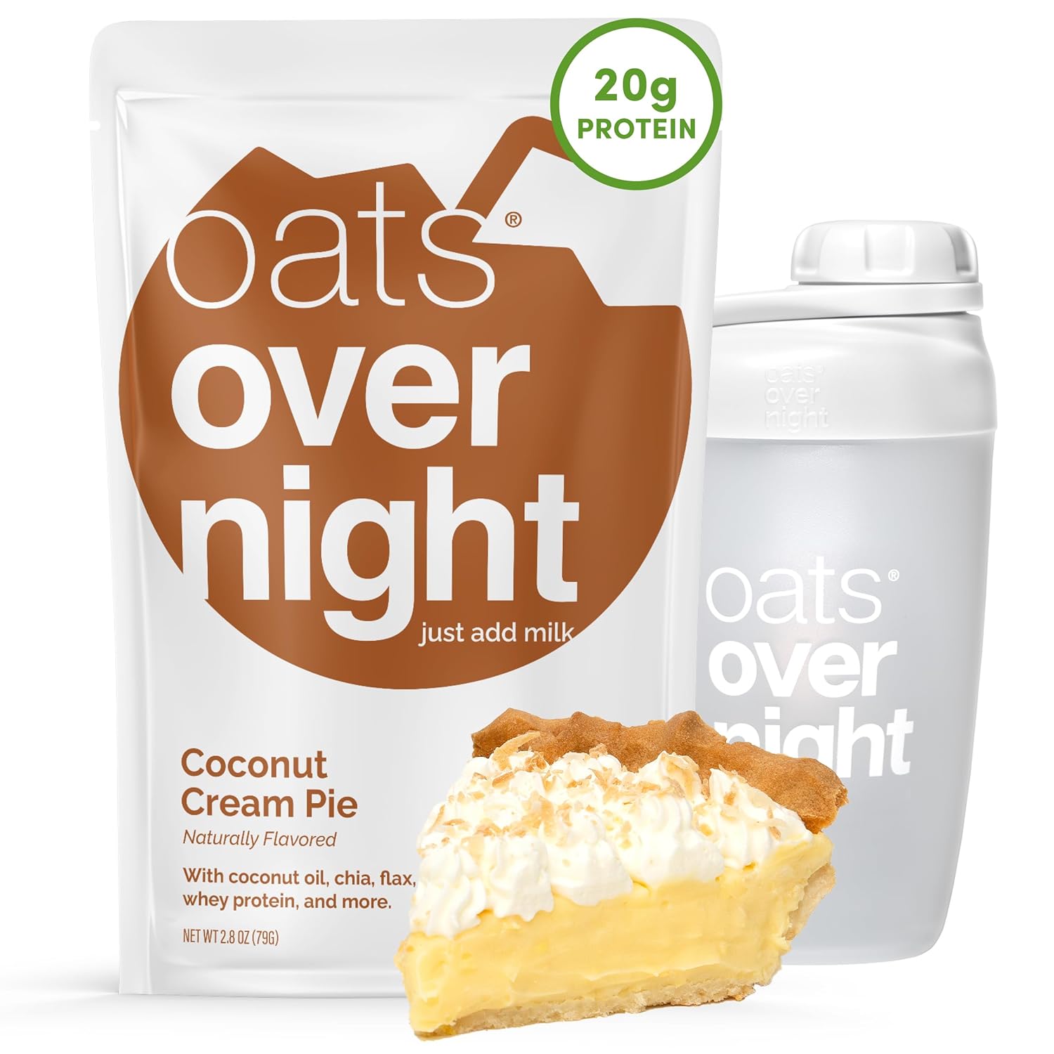 Oats Overnight Coconut Cream Pie - Overnight Oats with 20g Whey Protein, High Fiber Breakfast Protein Shake - Gluten Free Oatmeal, Non GMO High Protein Oatmeal (2.8 oz per Meal) (8 Pack)