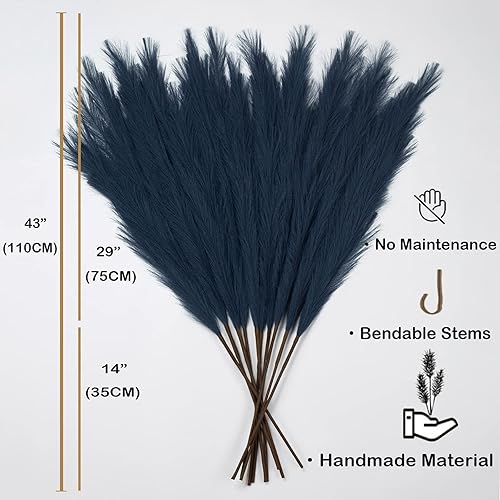Miniatura 3 de Faux Pampas Grass 6 Stems, Artificial Pampas Grass - 43 inch Total Extra Large Pompass Grass Tall Pompous Boho Flower Arrangement and Floor Vase Azul