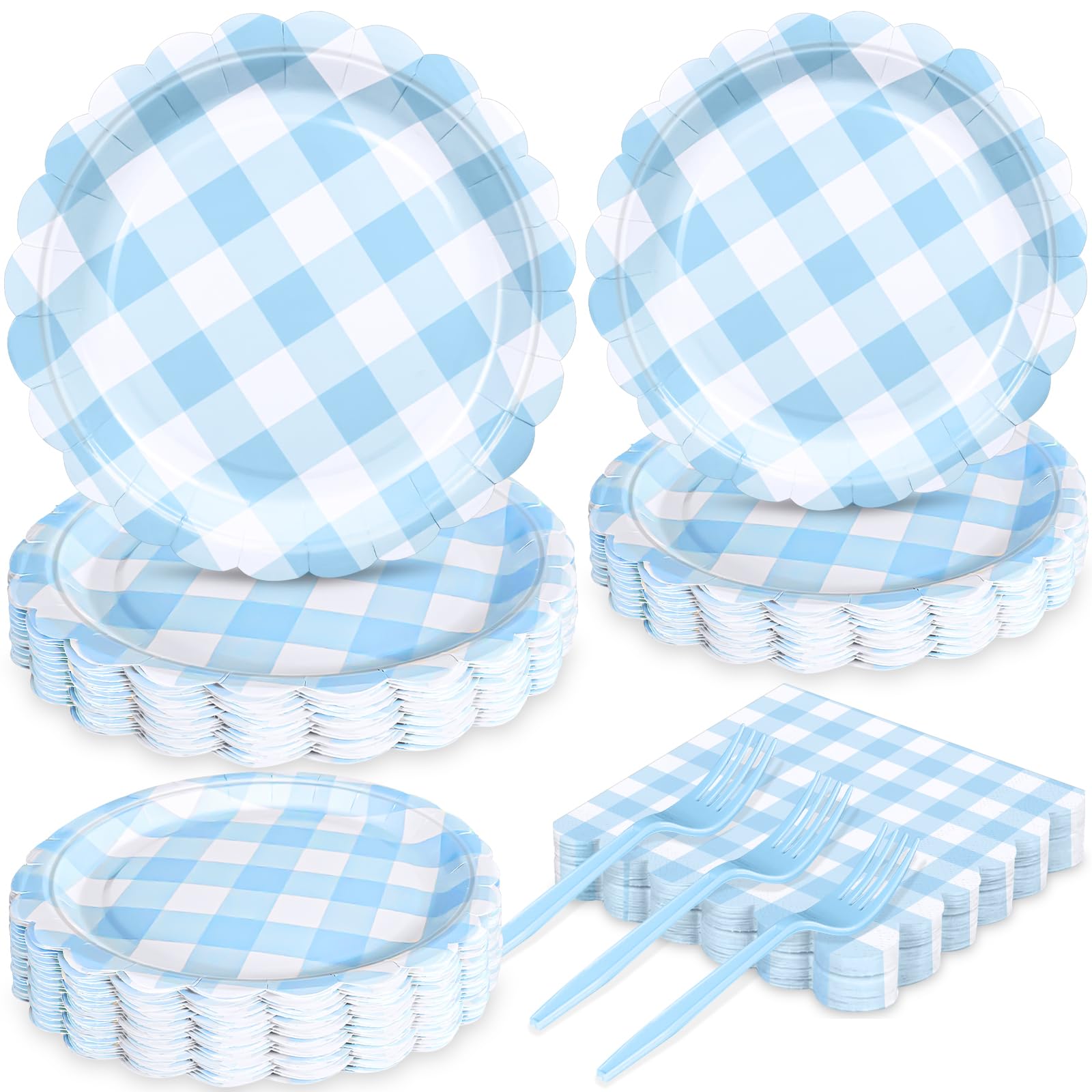 Blue Gingham Party Plates Set for 24 Guests, 96 Pcs Disposable Blue Checkered Paper Plates, Napkins and Spoons, Picnic Tableware for Baby Shower,