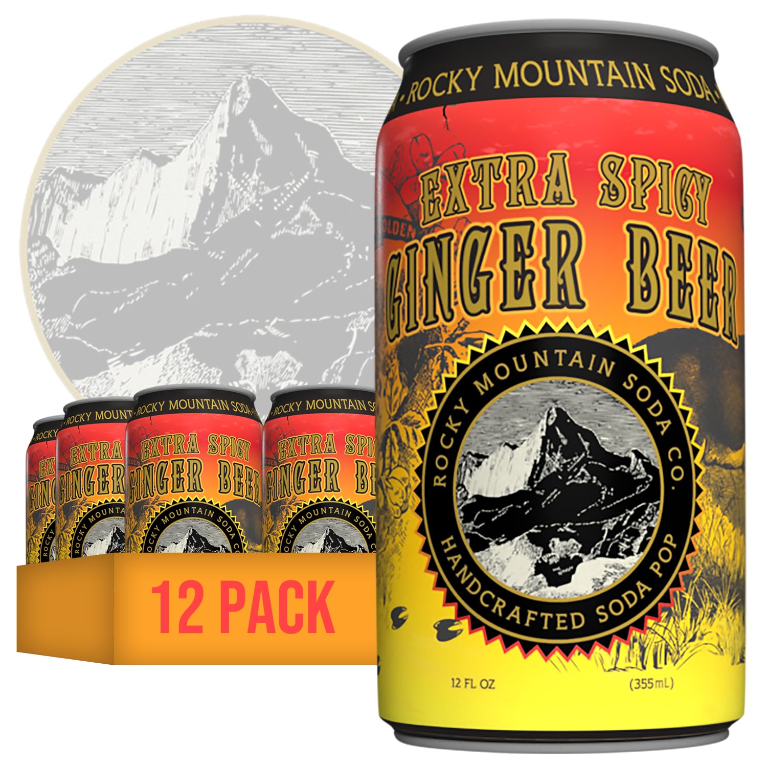 Rocky Mountain Soda, 12‑Pack 12 Fl Oz Cans, Small‑Batch Craft Soda Pop, Gluten‑Free, Vegan, Organic Cane Sugar, No Preservatives, No Added Sodium, Extra Spicy Ginger Soda Pop