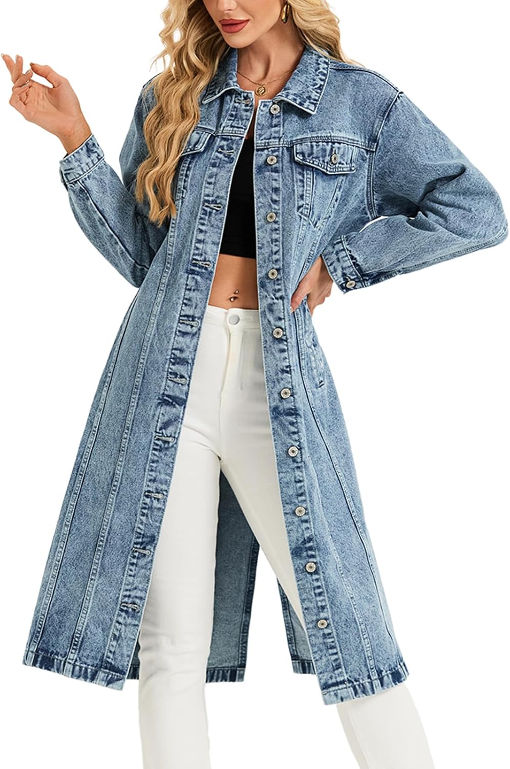 LifeShe Women Denim Jacket Button Down Maxi Long Jean Trench Coat With Pocket