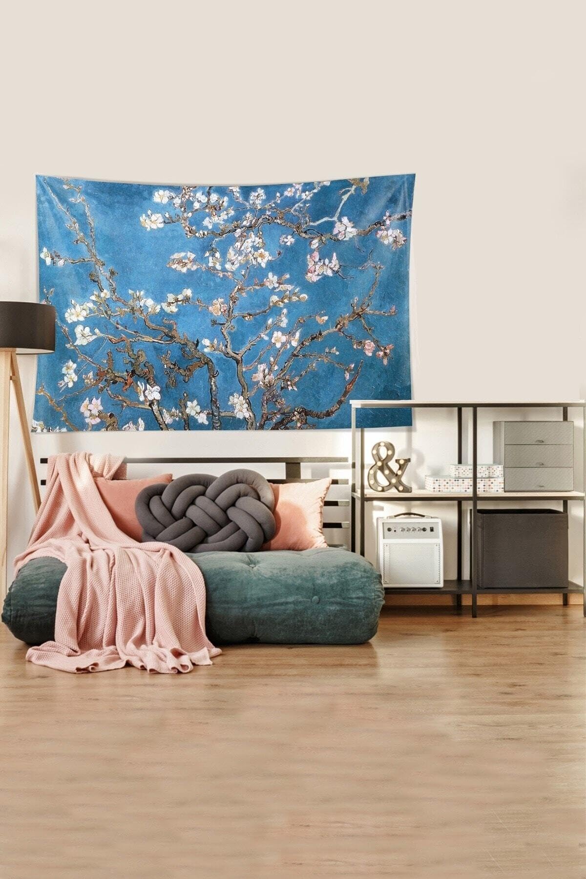 Pelangi Mavi Almond Blossom Leke Tutmaz Kadife Kumaş Duvar Örtüsü Duvar Halısı Tapestry YWLL376, 140 x 230