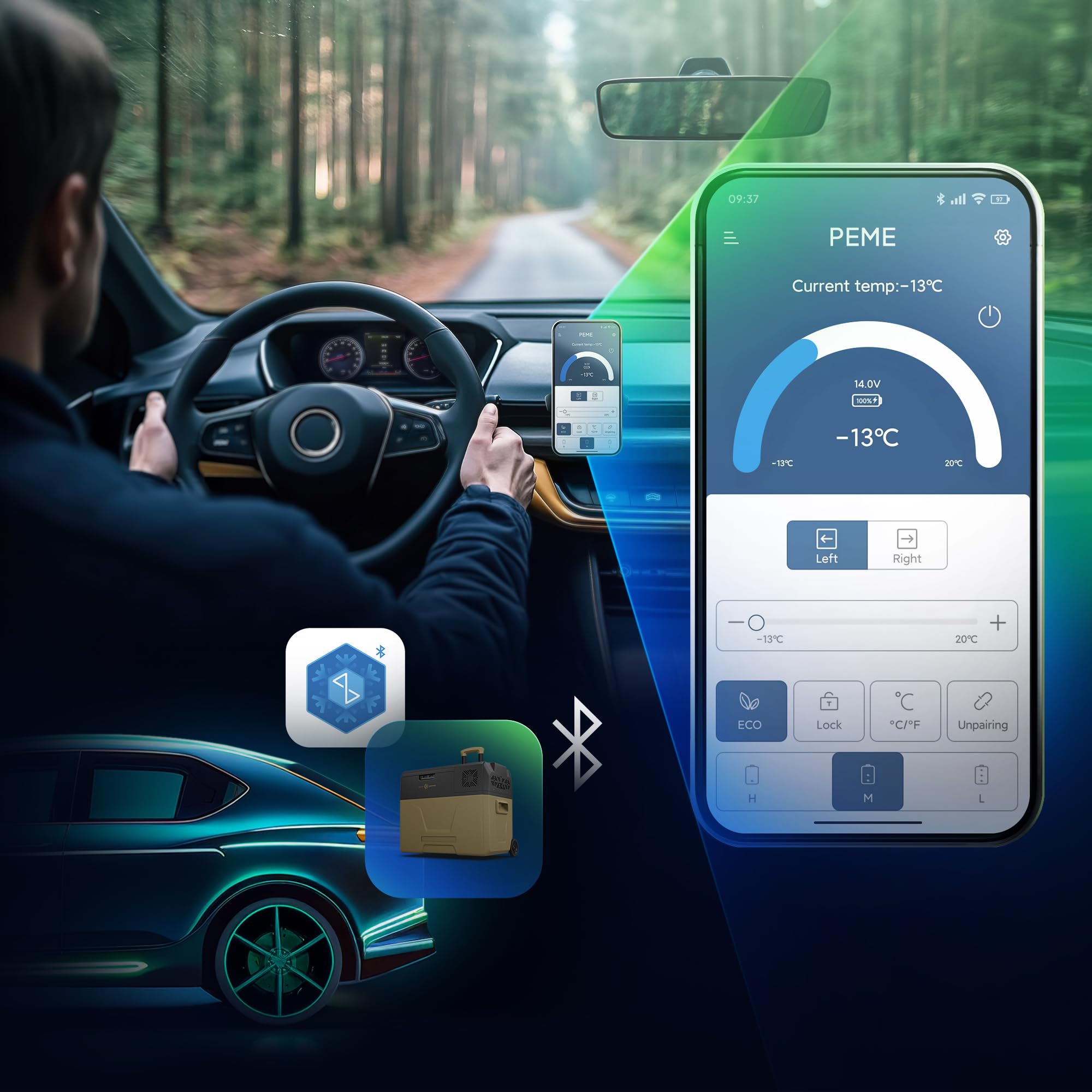 peme Expedition Elektryczna Lodówka Kompresorowa 27-39 L - Chłodziarka i Zamrażarka, Chłodzenie -20°C, Podwójne Zasilanie 12V/24V & 230V, Aplikacja Bluetooth, Tryb Eco, do Samochodu, Kempingu