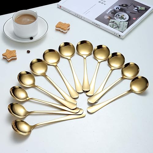 Miniatura 4 de Berglander - Cuchara de sopa dorada de 7.5 pulgadas, acero inoxidable chapado en titanio, cucharas redondas doradas brillantes, juego de cucharas de