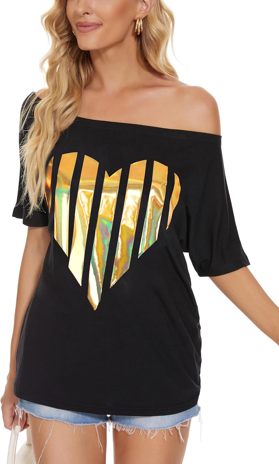 Womens Off The Shoulder Tops Shiny Shirts Short Sleeves Regular and Plus Size Dolman Metallic Tops - Image 2