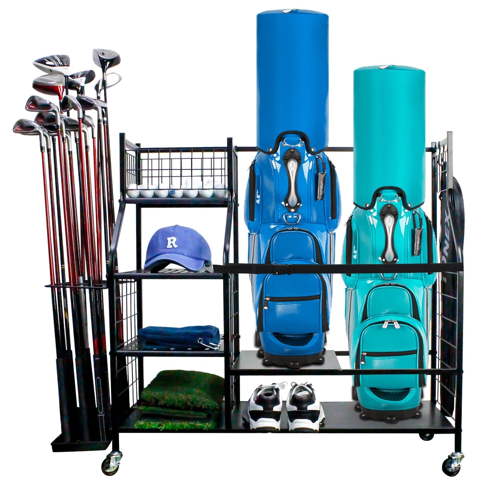 Almacenar y organizar golf con estante multifuncional de acero negro y poleas móviles