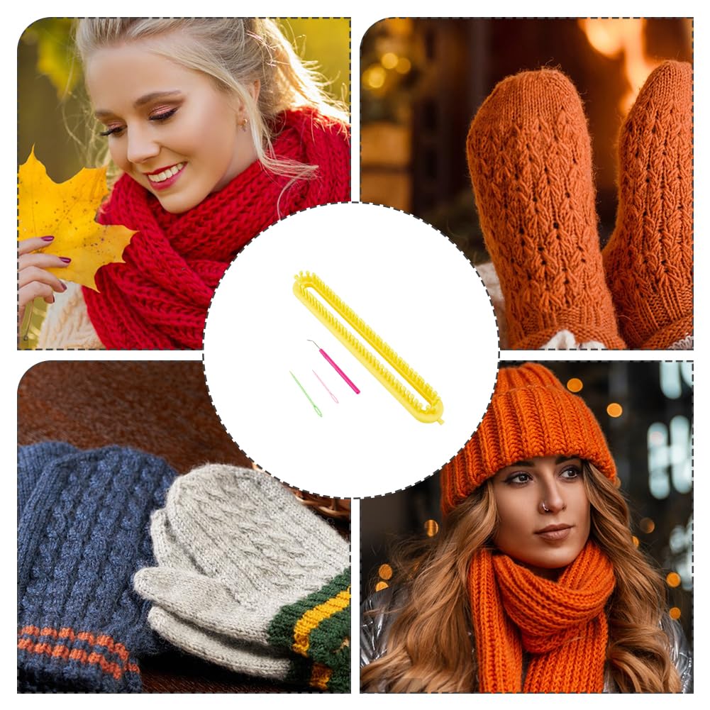 Hobbspring Knitting Loom Set Rectangular Knitting Board Loom Plastic Darning Needle Crochet Needle Yellow Scarf Looms Long Hats Shawl Making Tool DIY Yarn Weaving Kits for Women Adults Beginners - Image 7